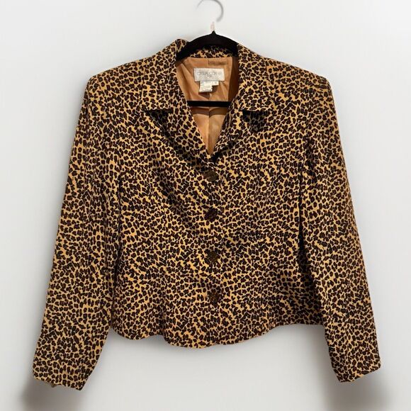 Casual Corner Silk Jacket Leopard Animal Print Short Blazer Womens Size 10 Fall - Picture 1 of 16